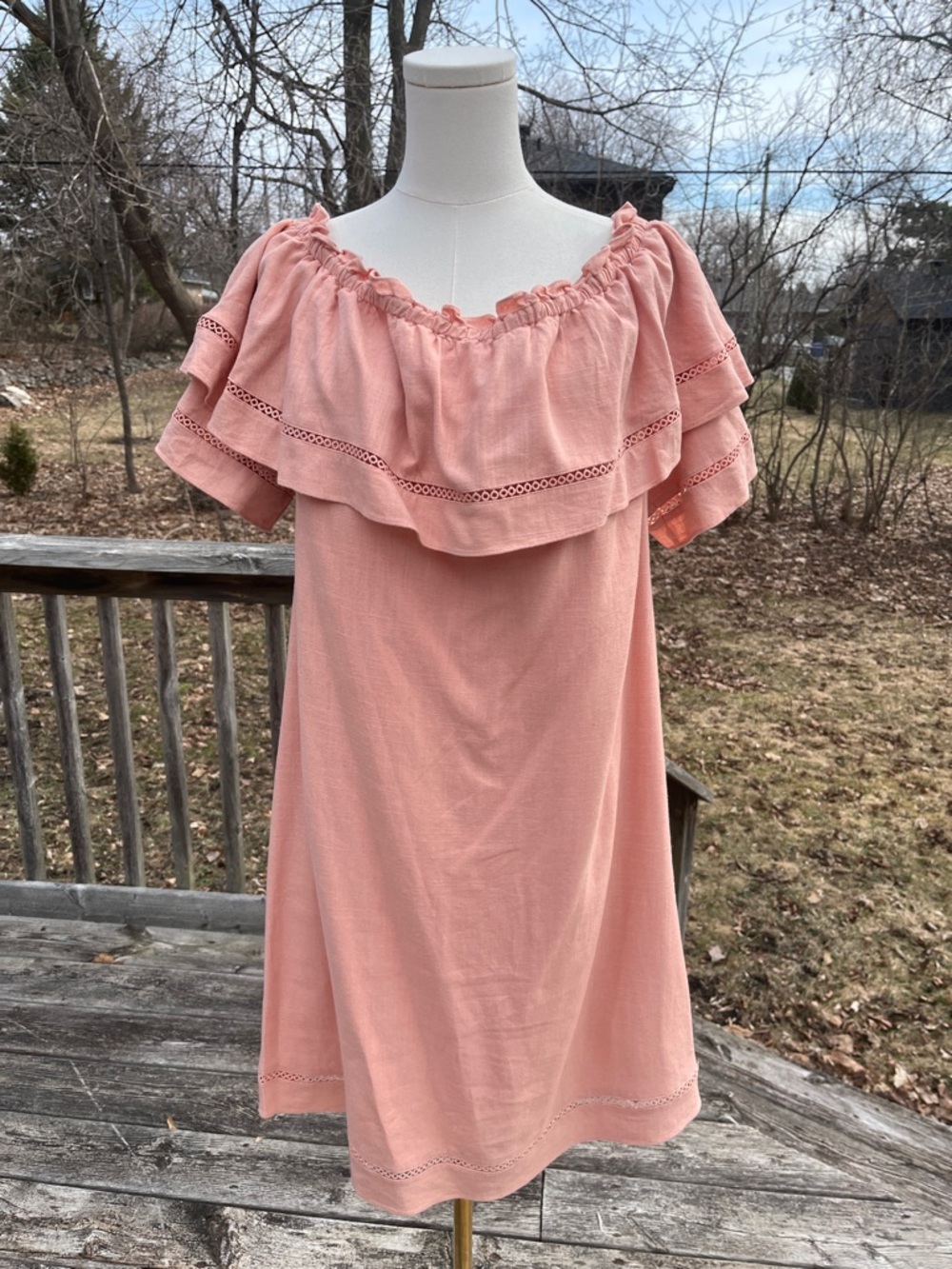 Melanie Lyne Peach Summer Linen Blend Dress Off Shoulder Ruffle Midi, Size 14